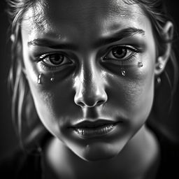 A striking black and white portrait of a brave teenage girl with tears streaming down her face, capturing deep emotions and resilience