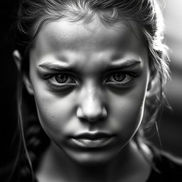 A striking black and white portrait of a brave teenage girl with tears streaming down her face, capturing deep emotions and resilience