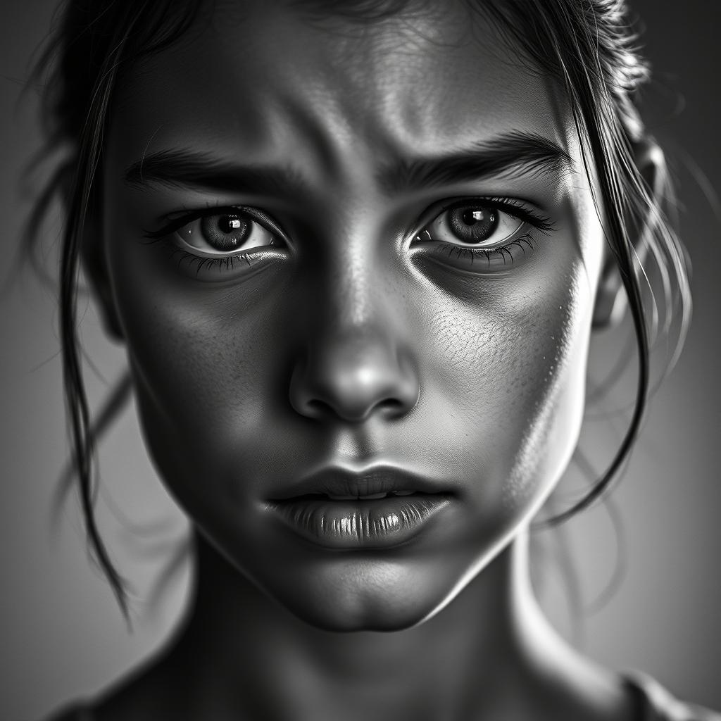 A striking black and white portrait of a brave teenage girl with tears streaming down her face, capturing deep emotions and resilience