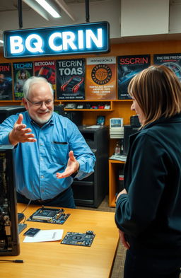A knowledgeable technician in a computer repair shop passionately explaining the BQ CHIP by SORIN to a curious customer