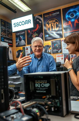 A knowledgeable technician in a computer repair shop passionately explaining the BQ CHIP by SORIN to a curious customer