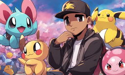 Drake, the famous rapper, in Pokemon style, surrounded by music-themed Pokemon like Jigglypuff and Meloetta.