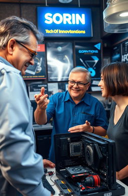 A knowledgeable technician in a computer repair shop passionately explaining the BQ CHIP by SORIN to a curious customer