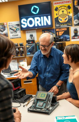 A knowledgeable technician in a computer repair shop passionately explaining the BQ CHIP by SORIN to a curious customer