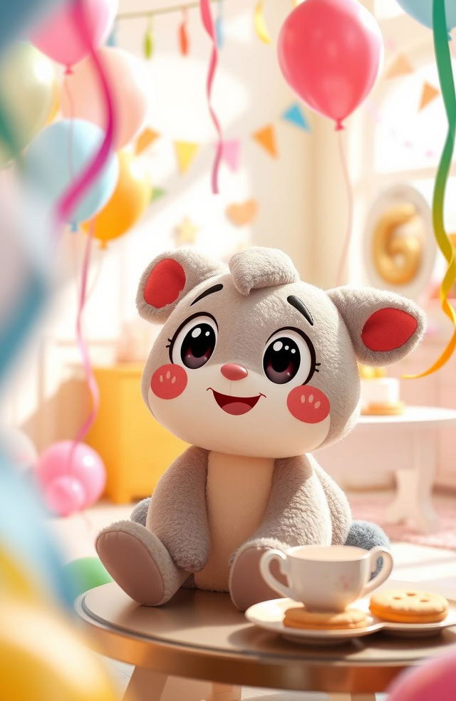 A whimsical scene depicting a cartoonish character, resembling a soft toy or plushie, with playful features talking animatedly