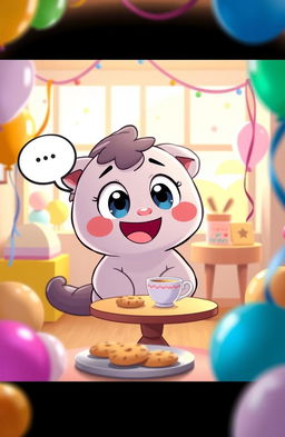 A whimsical scene depicting a cartoonish character, resembling a soft toy or plushie, with playful features talking animatedly