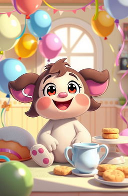 A whimsical scene depicting a cartoonish character, resembling a soft toy or plushie, with playful features talking animatedly
