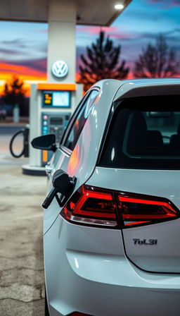 A sleek Volkswagen Golf parked at a gas station, actively refueling with a gas nozzle inserted into its fuel tank