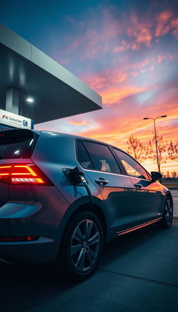 A sleek Volkswagen Golf parked at a gas station, actively refueling with a gas nozzle inserted into its fuel tank