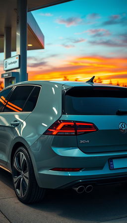 A sleek Volkswagen Golf parked at a gas station, actively refueling with a gas nozzle inserted into its fuel tank