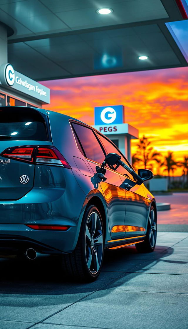 A sleek Volkswagen Golf parked at a gas station, actively refueling with a gas nozzle inserted into its fuel tank