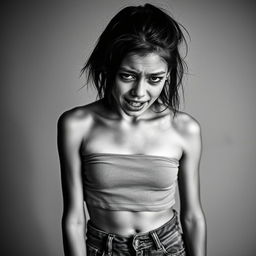 A brave, skinny young adult expressing deep emotion, captured in black and white photography
