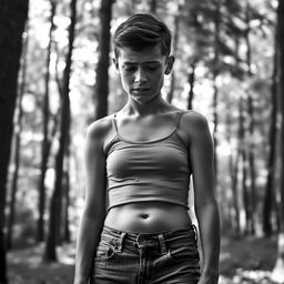 A brave young adult, appearing slightly underweight, is crying in a serene forest setting