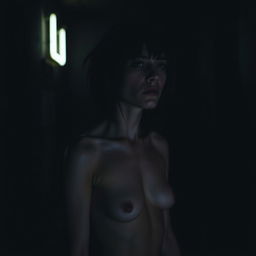 A moody and dramatic scene featuring a very slim woman in a dimly lit, grungy environment