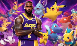 LeBron James as a Pokemon trainer in Lakers colors, surrounded by various Pokemon characters against a dynamic background.