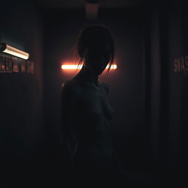 A moody and dramatic scene featuring a very slim woman in a dimly lit, grungy environment