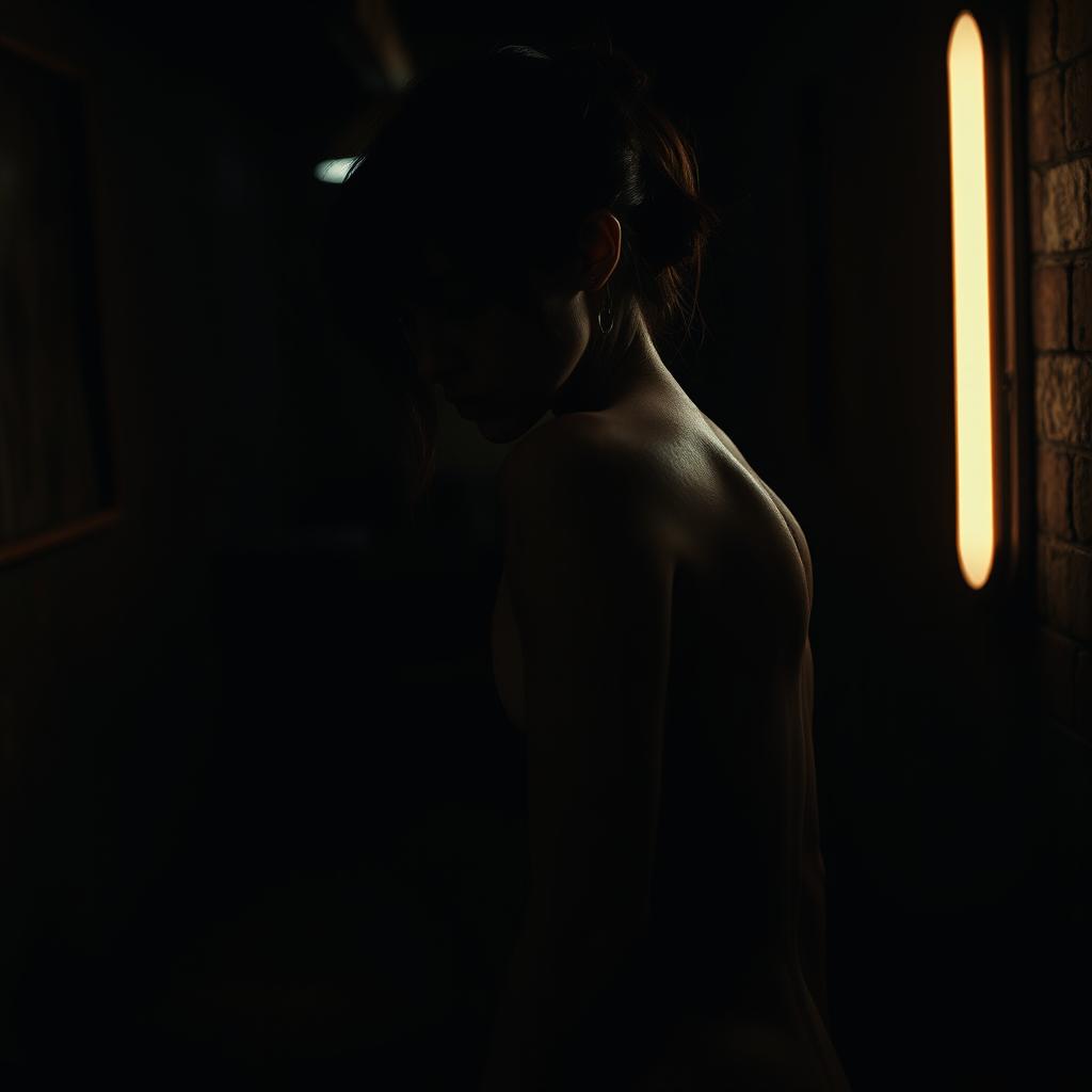 A moody and dramatic scene featuring a very slim woman in a dimly lit, grungy environment