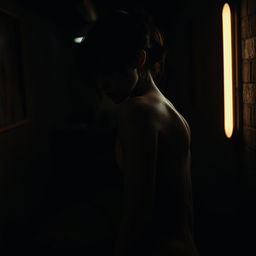 A moody and dramatic scene featuring a very slim woman in a dimly lit, grungy environment