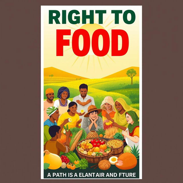 A powerful and inspiring poster design advocating for the right to food, showcasing a vibrant community scene where diverse individuals and families are gathered around a bountiful harvest