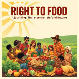 A powerful and inspiring poster design advocating for the right to food, showcasing a vibrant community scene where diverse individuals and families are gathered around a bountiful harvest