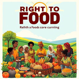 A powerful and inspiring poster design advocating for the right to food, showcasing a vibrant community scene where diverse individuals and families are gathered around a bountiful harvest