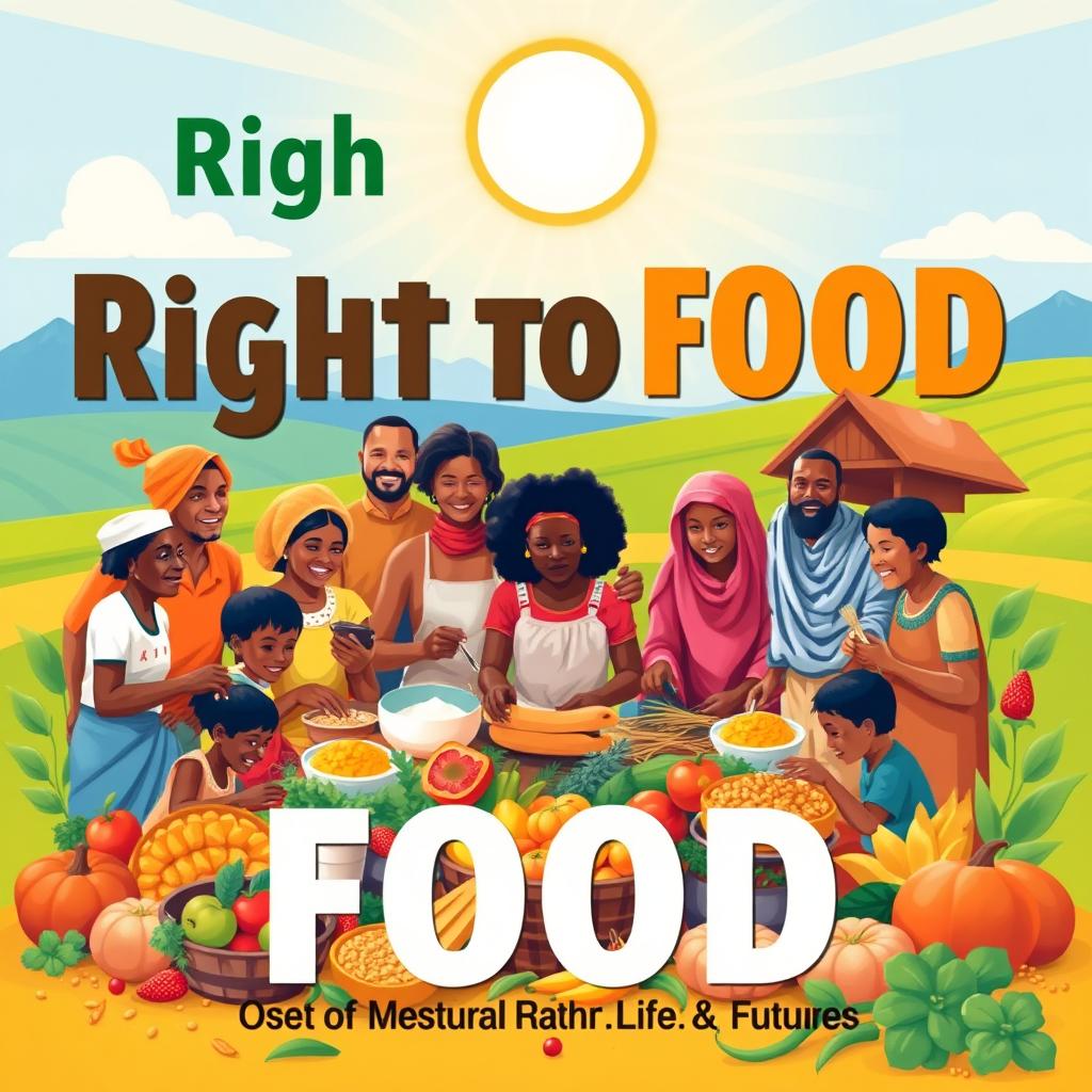 A powerful and inspiring poster design advocating for the right to food, showcasing a vibrant community scene where diverse individuals and families are gathered around a bountiful harvest