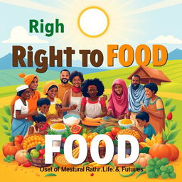 A powerful and inspiring poster design advocating for the right to food, showcasing a vibrant community scene where diverse individuals and families are gathered around a bountiful harvest