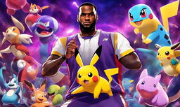 LeBron James as a Pokemon trainer in Lakers colors, surrounded by various Pokemon characters against a dynamic background.