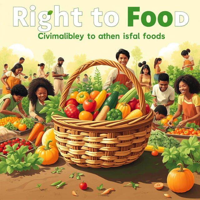 An impactful poster design advocating for the right to food, featuring a diverse group of individuals and families joyfully engaging in gardening and food preparation