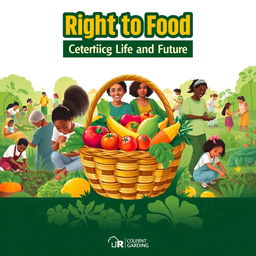 An impactful poster design advocating for the right to food, featuring a diverse group of individuals and families joyfully engaging in gardening and food preparation