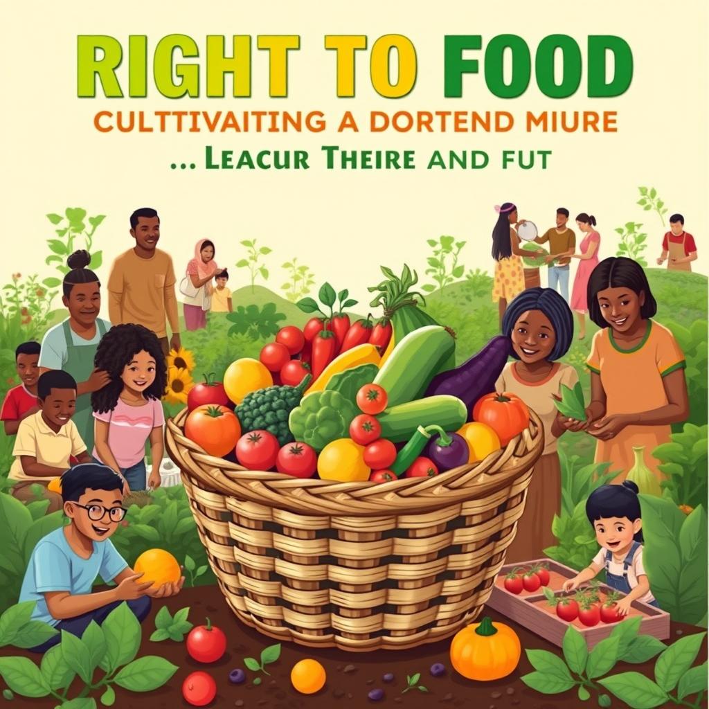 An impactful poster design advocating for the right to food, featuring a diverse group of individuals and families joyfully engaging in gardening and food preparation