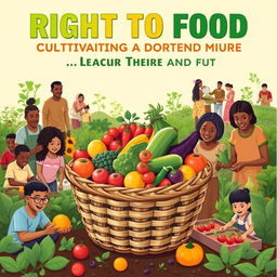 An impactful poster design advocating for the right to food, featuring a diverse group of individuals and families joyfully engaging in gardening and food preparation