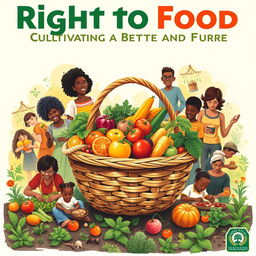 An impactful poster design advocating for the right to food, featuring a diverse group of individuals and families joyfully engaging in gardening and food preparation