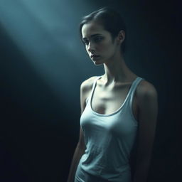 A moody scene featuring a very slim woman with visible scars, dressed in a white tank top