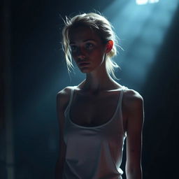 A moody scene featuring a very slim woman with visible scars, dressed in a white tank top