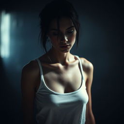 A moody scene featuring a very slim woman with visible scars, dressed in a white tank top