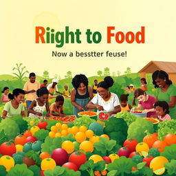 An inspiring poster advocating for the right to food, featuring a community scene where diverse individuals of all ages are actively participating in food-related activities