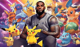 LeBron James as a Pokemon trainer in Lakers colors, surrounded by various Pokemon characters against a dynamic background.