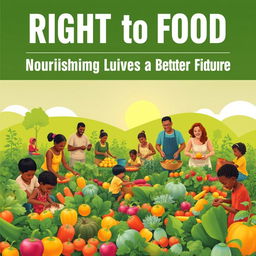 An inspiring poster advocating for the right to food, featuring a community scene where diverse individuals of all ages are actively participating in food-related activities