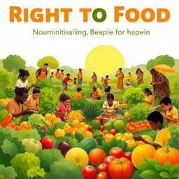 An inspiring poster advocating for the right to food, featuring a community scene where diverse individuals of all ages are actively participating in food-related activities