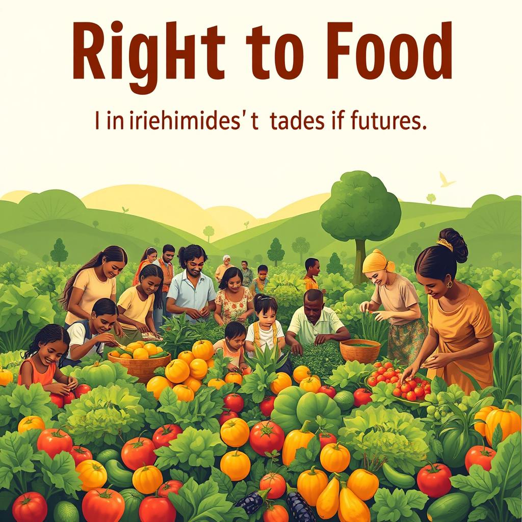 An inspiring poster advocating for the right to food, featuring a community scene where diverse individuals of all ages are actively participating in food-related activities