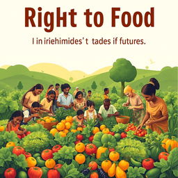 An inspiring poster advocating for the right to food, featuring a community scene where diverse individuals of all ages are actively participating in food-related activities