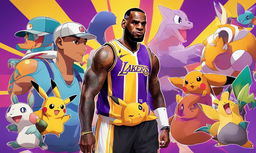 LeBron James as a Pokemon trainer in Lakers colors, surrounded by various Pokemon characters against a dynamic background.