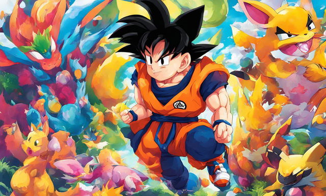 Goku from Dragon Ball Z depicted in Pokemon style in a vibrant landscape filled with various Pokemon creatures.