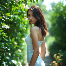 A slim young woman wearing a white tank top, in a shimmering garden setting surrounded by bright greenery and flowers