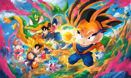 Goku from Dragon Ball Z depicted in Pokemon style in a vibrant landscape filled with various Pokemon creatures.