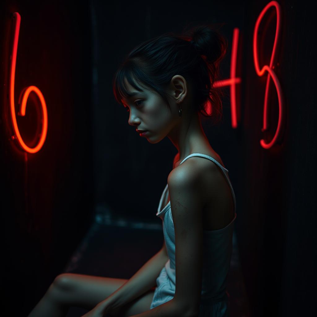 A very slim girl with visible scars in a dark, dirty room, wearing a white tank top