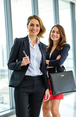 A confident lawyer lady standing with a pen in her hand, dressed in a professional business suit, her hair styled elegantly