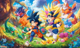 Goku from Dragon Ball Z depicted in Pokemon style in a vibrant landscape filled with various Pokemon creatures.