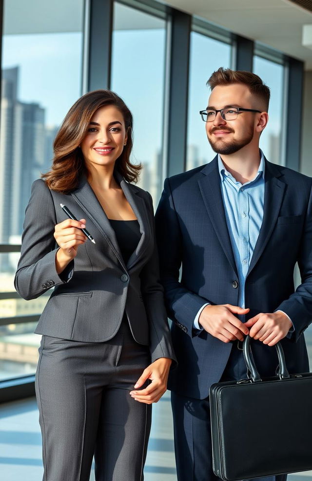 A confident lawyer lady standing with a pen in her hand, dressed in a professional business suit, her hair styled elegantly